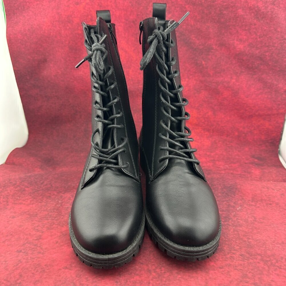 SHELN COMBAT BOOTS LUG SOLE BLACK, MID-CALF, LACE-UP, ZIPPER, BLOCK HEEL, SIZE 9